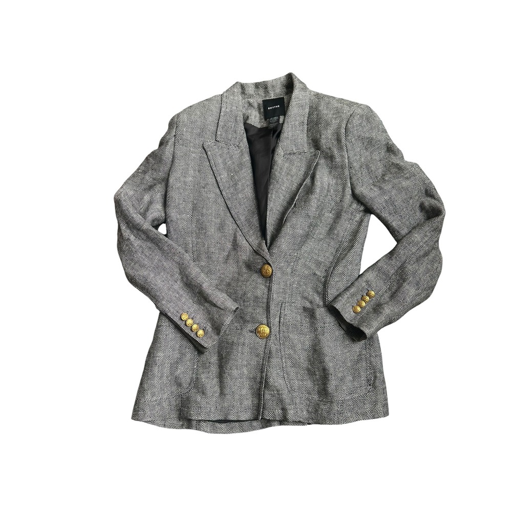 Smythe Herringbone Linen Blazer Black White Gold Crest Button Jacket Size Medium